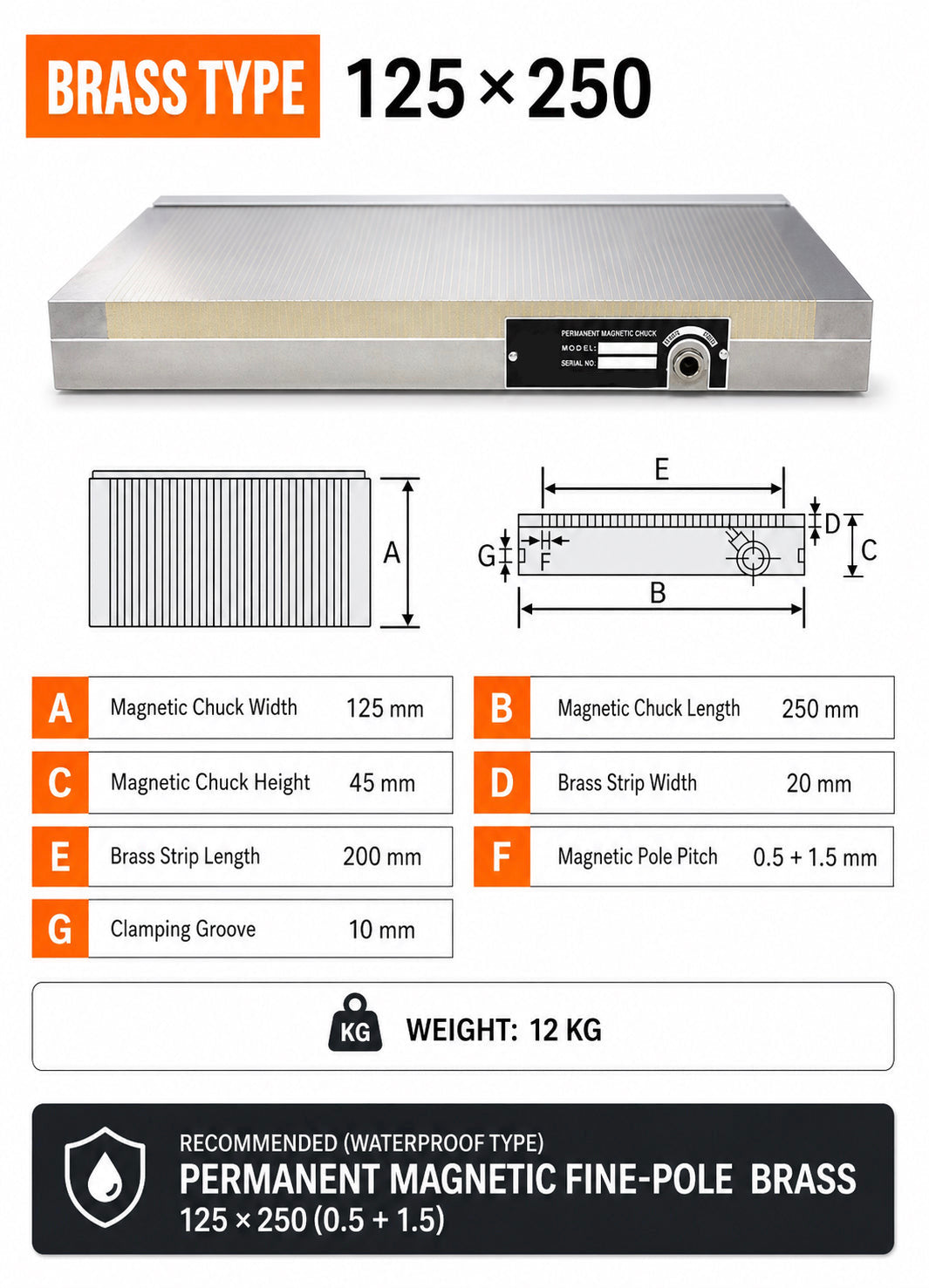 Magnetic Chuck – 125×250mm Fine Pole Brass – Waterproof – Surface Grinder Table