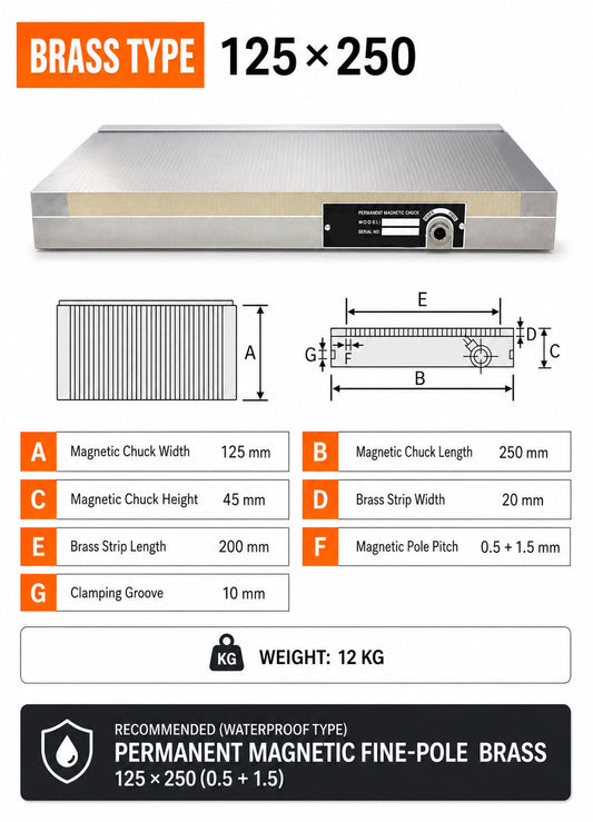 Magnetic Chuck – 125×250mm Fine Pole Brass – Waterproof – Surface Grinder Table