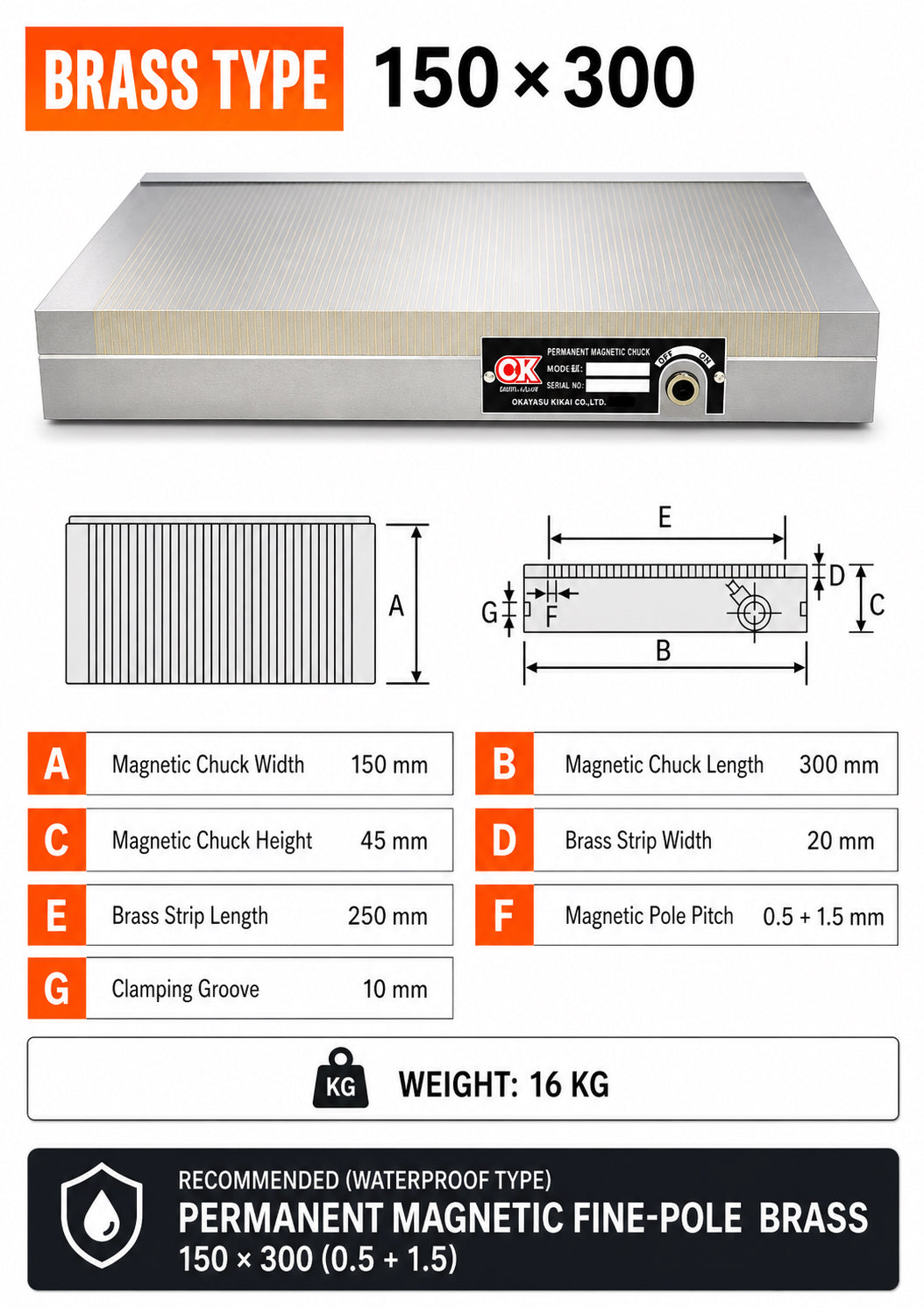 Magnetic Chuck – 150×300mm Fine Pole Brass – Waterproof – Surface Grinder Table