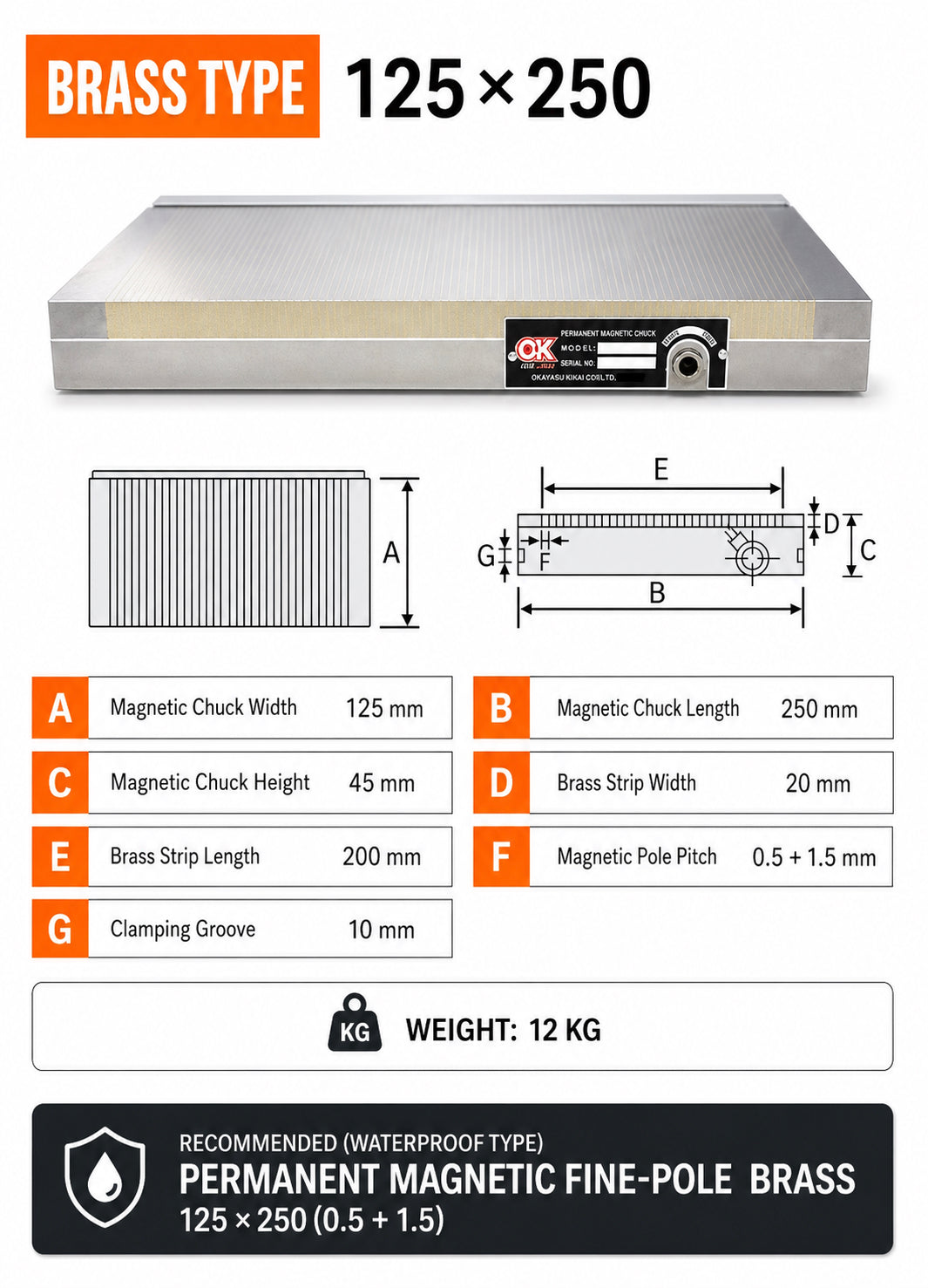 Magnetic Chuck – 125×250mm Fine Pole Brass – Waterproof – Surface Grinder Table