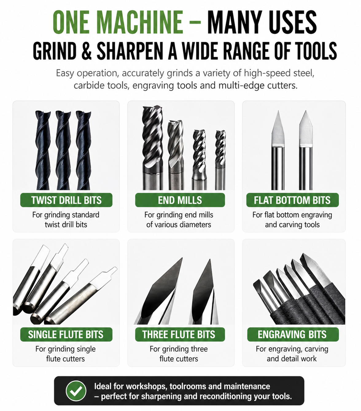 U3 Tool & Cutter Grinder – End Mill, Drill Bit & Lathe Tool Sharpener – Single Phase